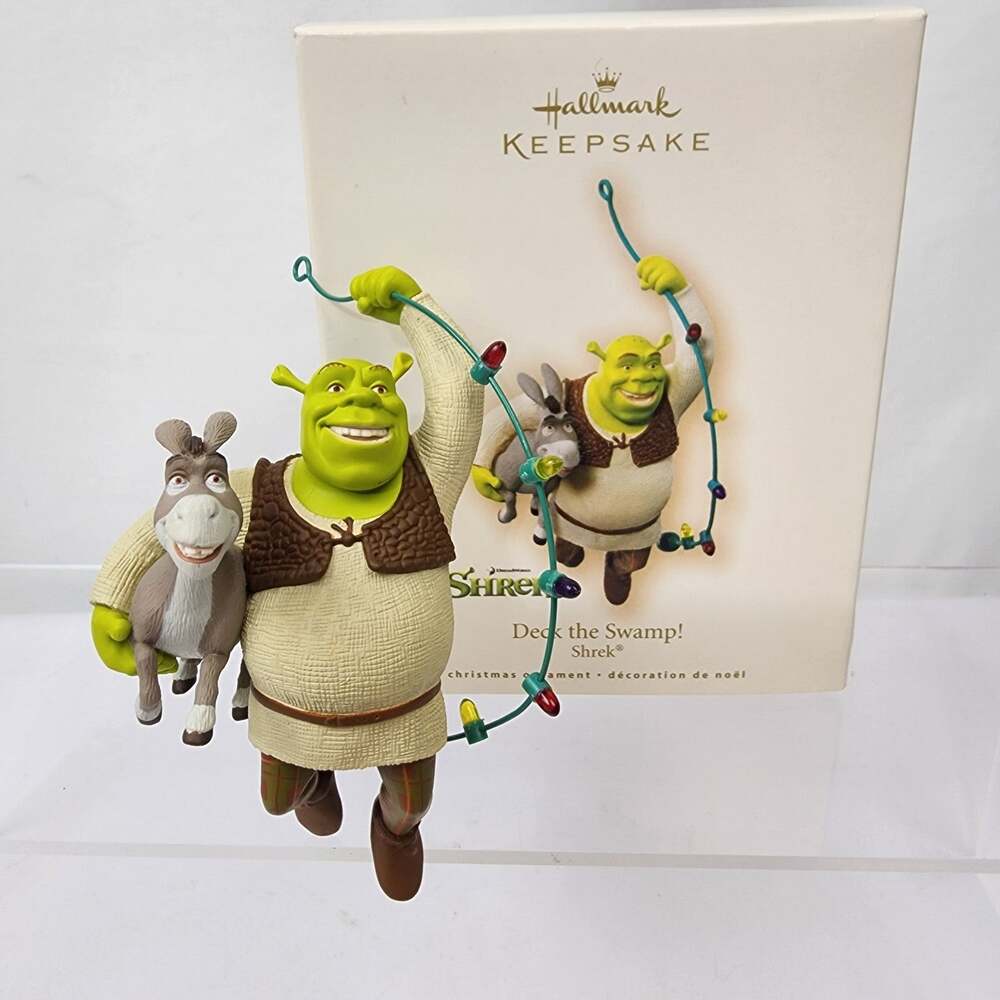 2007 Hallmark Shrek “Deck the Swamp” Holding Donkey Christmas Ornament NIB